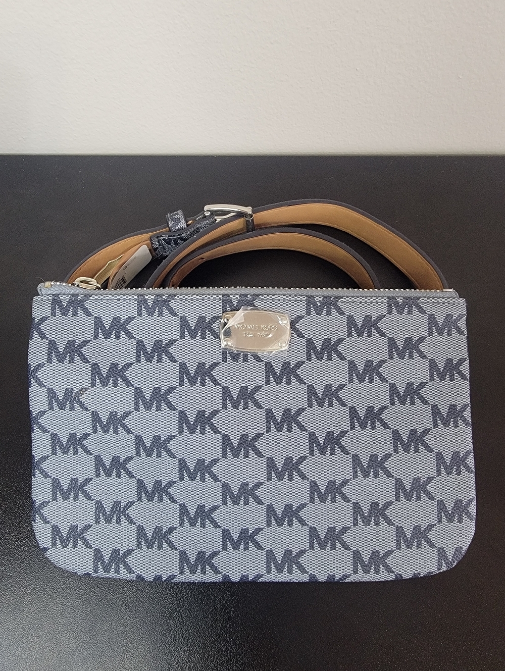 Michael Kors Blue and Tan MK Logo Wristlet Crossbody